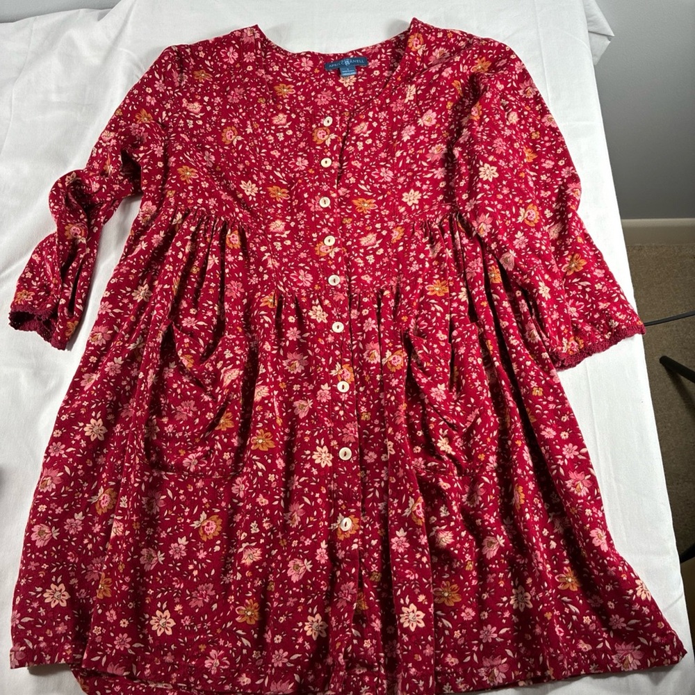 Red Floral Prairie Small  Dress Button Front Pockets Boho Cottagecore Coastal